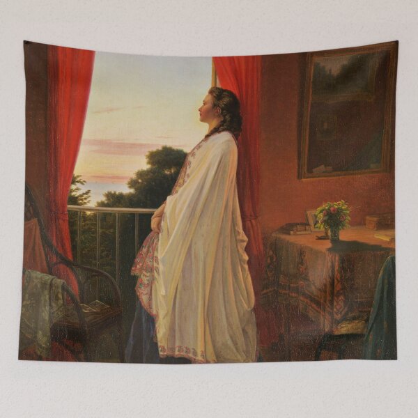 Item preview, Young Lady looking at the Summer Night from an Open Door of a veranda - Jørgen Walentin Sonne designed and sold by brushandframes.