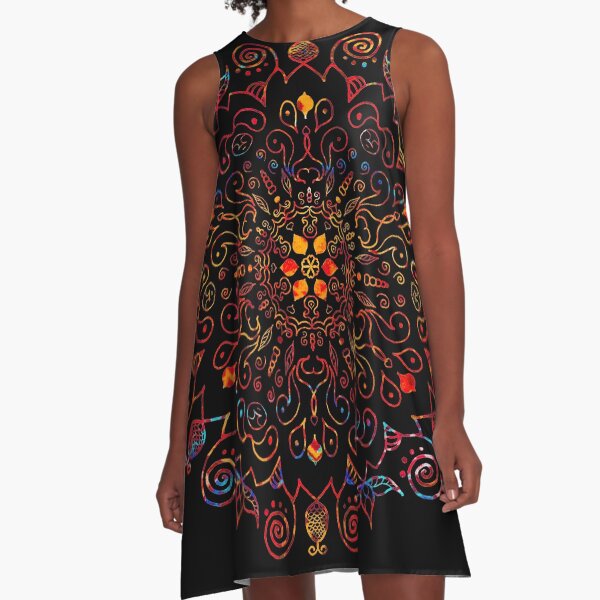 Mandala with Black Background A-Line Dress
