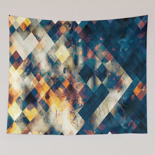 Item preview, geometric square pixel pattern abstract background in blue brown orange designed and sold by Mrvell.