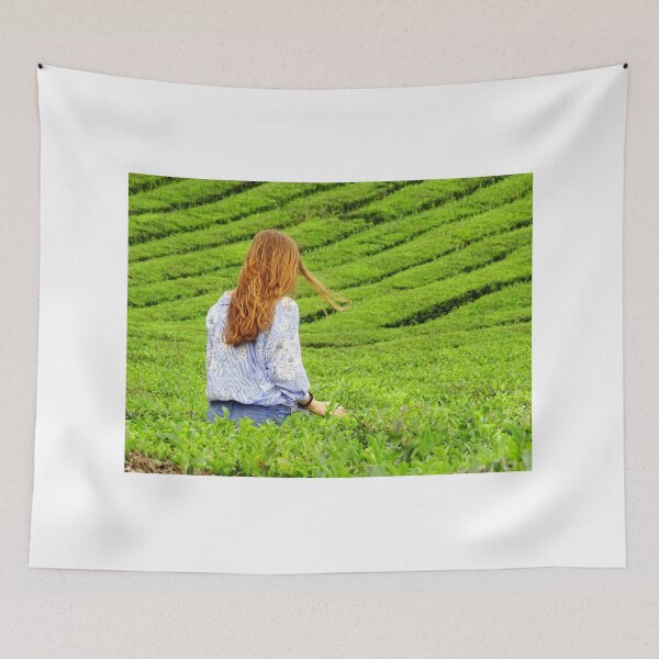 Item preview, Woman walking in tea plantation Gorreana, Sao Miguel island, Azores travel destination. designed and sold by AylaHarbich.