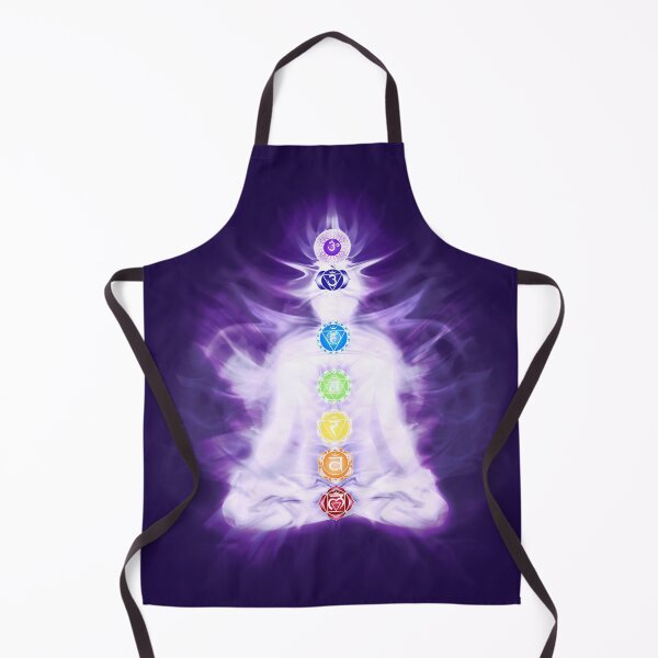 Item preview, Yoga meditation with Chakras symbols and energy flow on human body in purple colors art photo print designed and sold by AwenArtPrints.