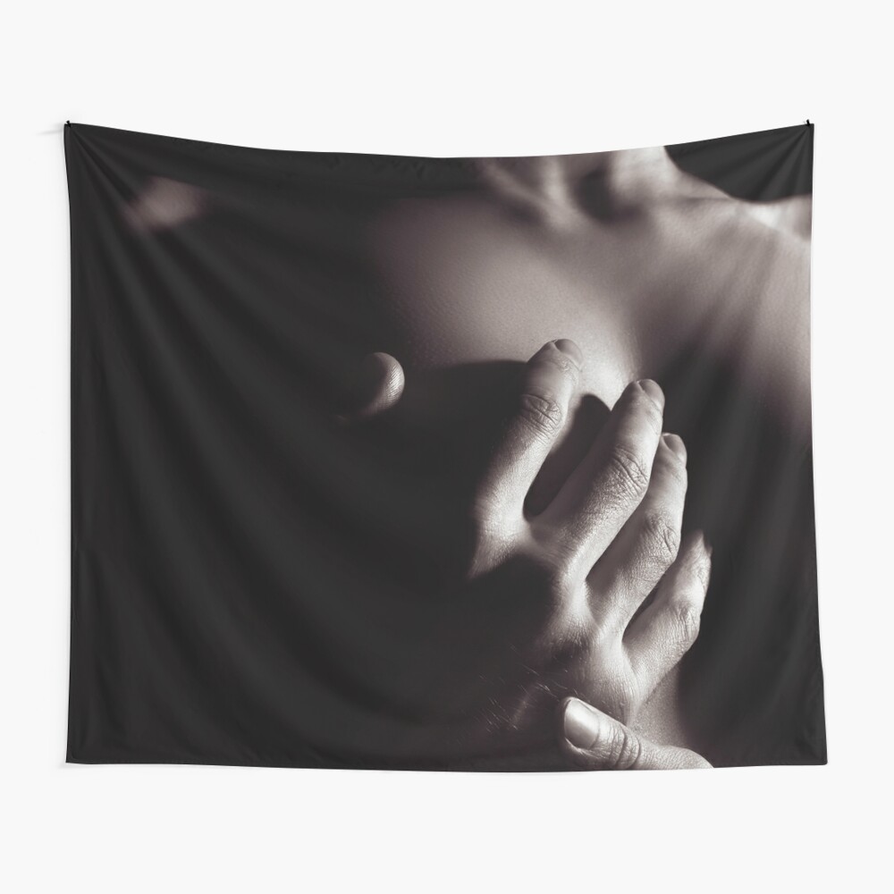 Man hands covering nude woman breasts black and white Duvet Cover