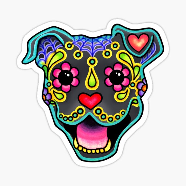 Item preview, Smiling Pit Bull in Blue - Day of the Dead Happy Pitbull - Sugar Skull Dog designed and sold by Pretty In Ink.