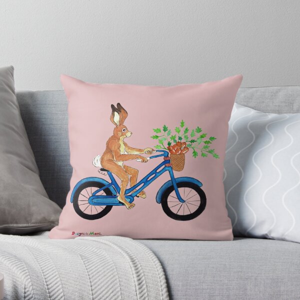 Whimsical Bunny Rabbit on a Bike Throw Pillow