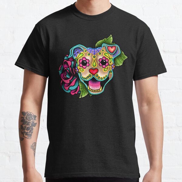 Smiling Pit Bull in Fawn - Day of the Dead Happy Pitbull - Sugar Skull Dog Classic T-Shirt