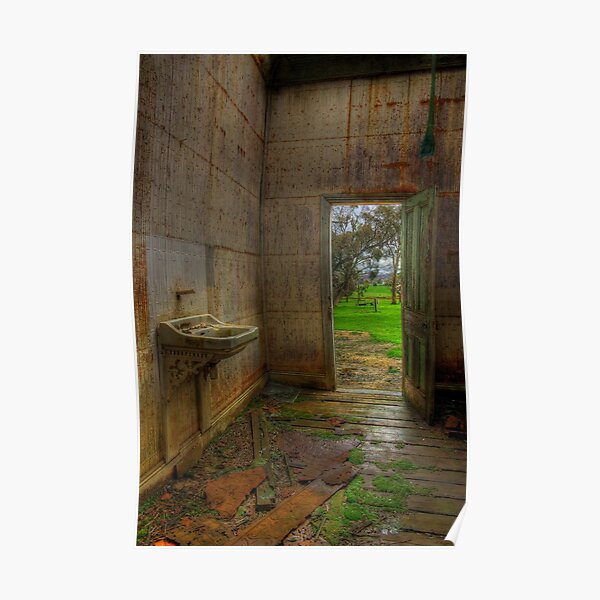 View From a Dilapidated Bathroom out to a Farm Poster
