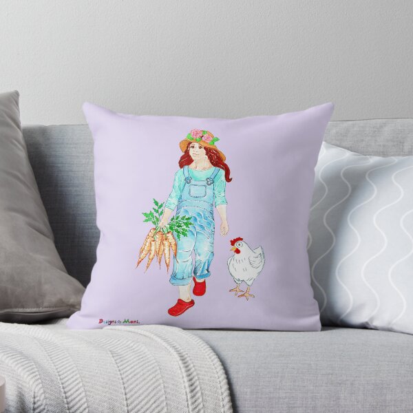 Cottage Core Farmer Girl with Chicken Pet - Luci and Susie Throw Pillow