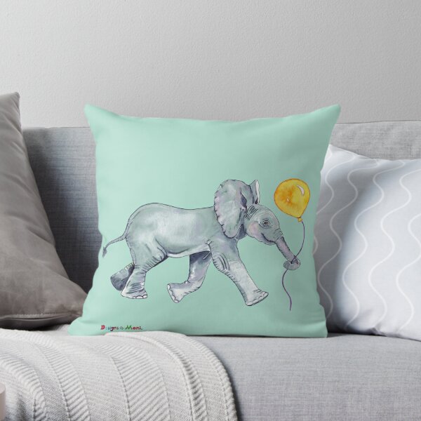 Adorable Baby Elephant with Balloon Throw Pillow