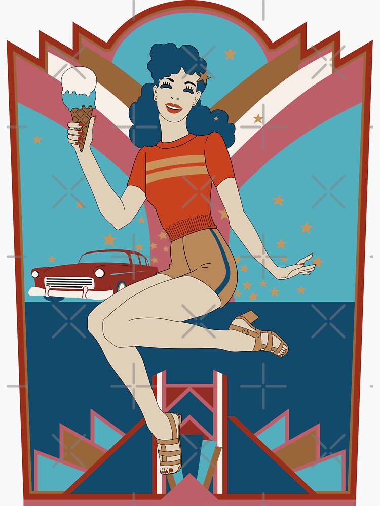 Retro Ice Cream Pinup Girl With Art Deco Background Sticker For Sale By Chibi Redbubble 8590