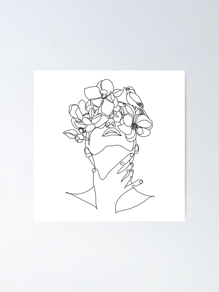 Poster « Visage abstrait avec des fleurs et des oiseaux par un dessin ...