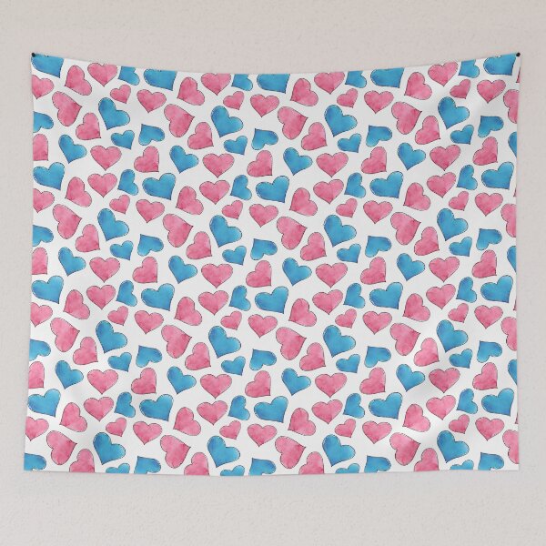 Item preview, Watercolor hand drawn sketch illustration seamless pattern background with pink and blue hearts designed and sold by FuzzyLogicKate.