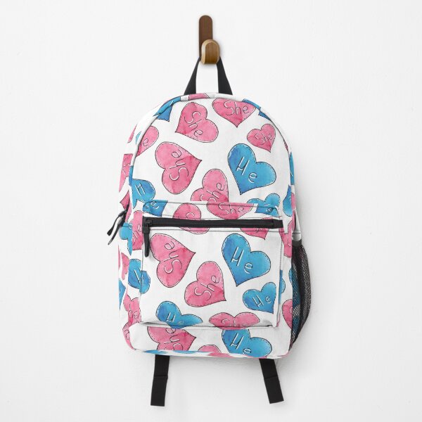 Item preview, Watercolor hand drawn sketch illustration seamless pattern background with pink and blue hearts with the inscription SHE and HE designed and sold by FuzzyLogicKate.