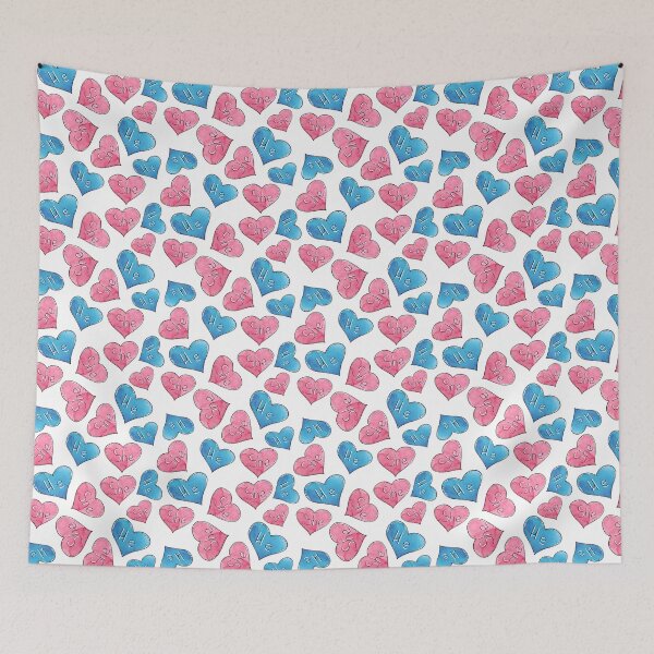 Item preview, Watercolor hand drawn sketch illustration seamless pattern background with pink and blue hearts with the inscription SHE and HE designed and sold by FuzzyLogicKate.
