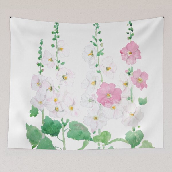 Item preview,  hand painted pink and white hollyhocks flowers watercolor  designed and sold by ColorandColor.
