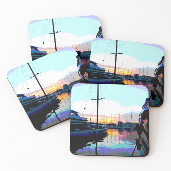 Item preview, A posterized sunset behind the boats in Cannes designed and sold by Ann Biddlecombe.