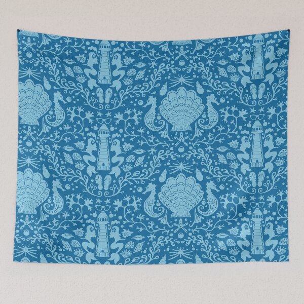 Item preview, Summer beach blue damask pattern with seashells designed and sold by colorofmagic.