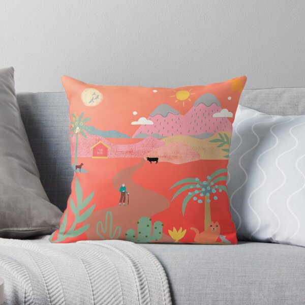 Orange Landscape with Palm Trees Throw Pillow