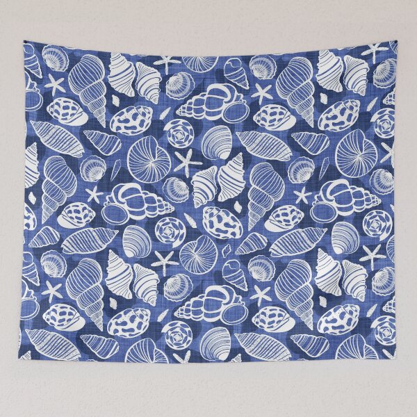 Item preview, Sea treasures // electric blue faux texture background catalina blue shadows white delineated seashells designed and sold by SelmaCardoso.
