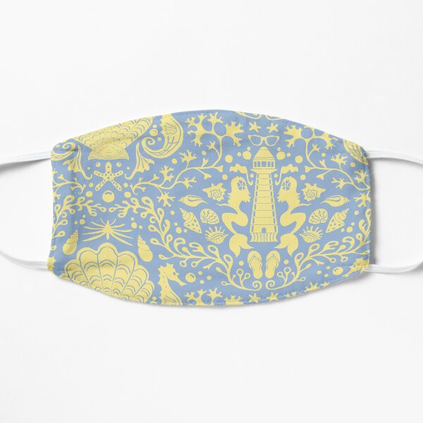 blue summer beach damask pattern with yellow seashells Flat Mask