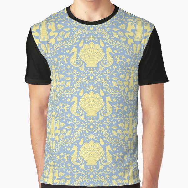 Sommerstrand blau-gelbes Damastmuster mit Muscheln Grafik T-Shirt
