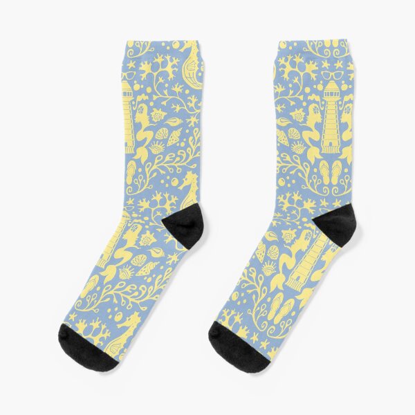 Sommerstrand blau-gelbes Damastmuster mit Muscheln Socken