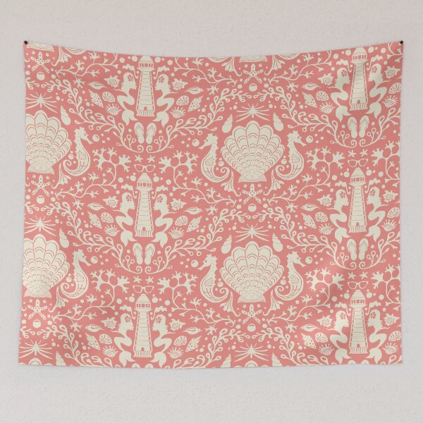 Item preview, Summer beach coral damask pattern with seashells - seamless pattern designed and sold by colorofmagic.