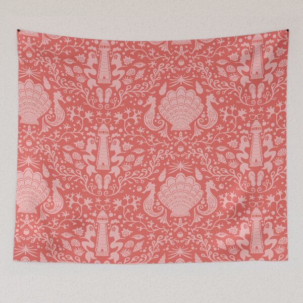 Item preview, Summer beach coral and pink damask pattern with shells designed and sold by colorofmagic.