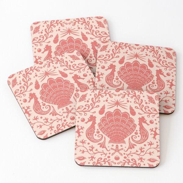 Item preview, Summer beach coral and light yellow damask pattern with shells designed and sold by colorofmagic.