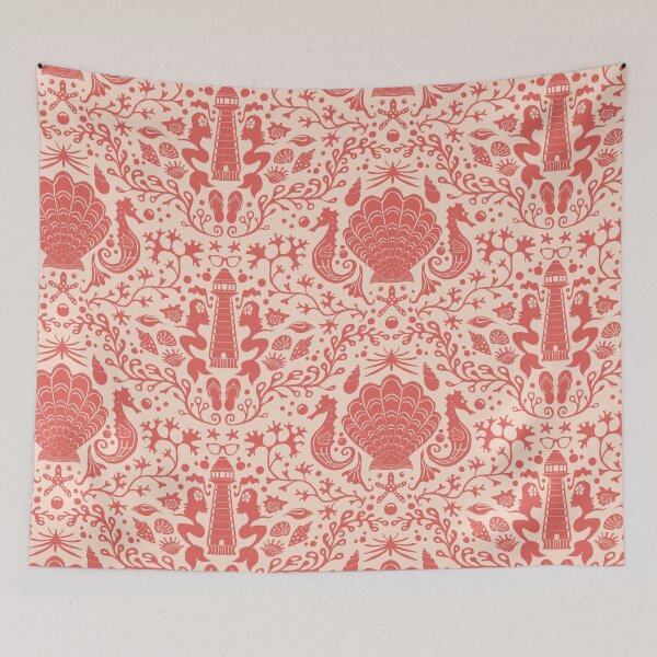 Item preview, Summer beach coral and light yellow damask pattern with shells designed and sold by colorofmagic.