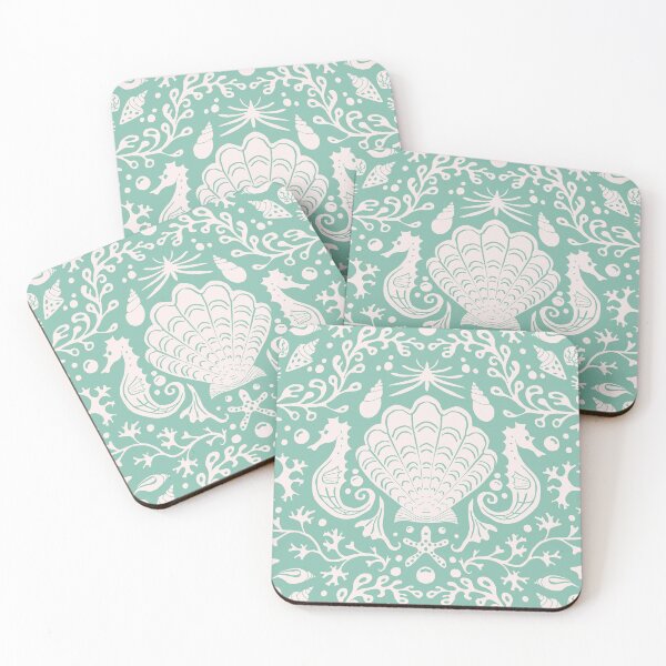 Item preview, Summer beach mint green damask pattern with shells designed and sold by colorofmagic.