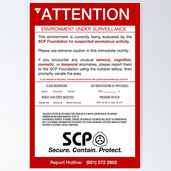 RED Warning Sign SCP Foundation Poster POD Anomalous 