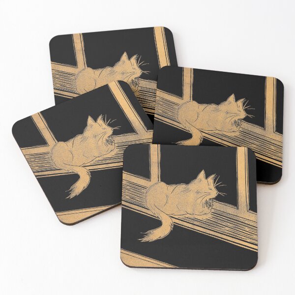 Item preview, Maine Coon Cat on Windowsill Linocut in Gold and Black designed and sold by Maddy Bennett.