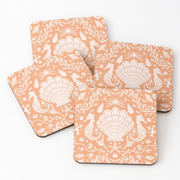 Item preview, Summer beach papaya orange damask pattern with seashells designed and sold by colorofmagic.