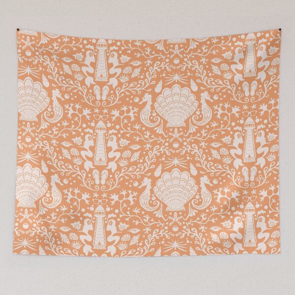Item preview, Summer beach papaya orange damask pattern with seashells designed and sold by colorofmagic.