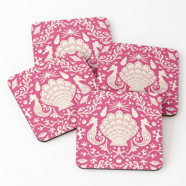 Item preview, Summer beach raspberry pink damask pattern with seashells designed and sold by colorofmagic.