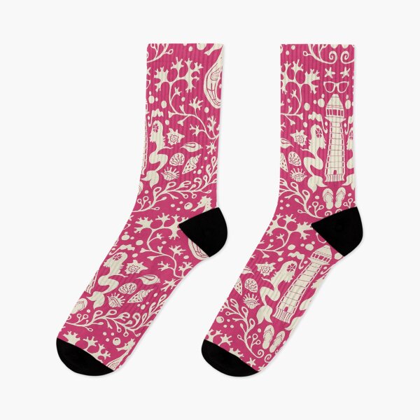 Item preview, Summer beach raspberry pink damask pattern with seashells designed and sold by colorofmagic.
