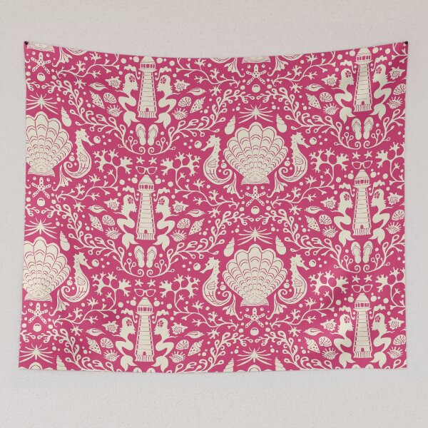 Item preview, Summer beach raspberry pink damask pattern with seashells designed and sold by colorofmagic.