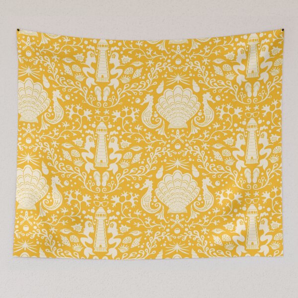Item preview, Summer beach yellow damask pattern with seashells designed and sold by colorofmagic.