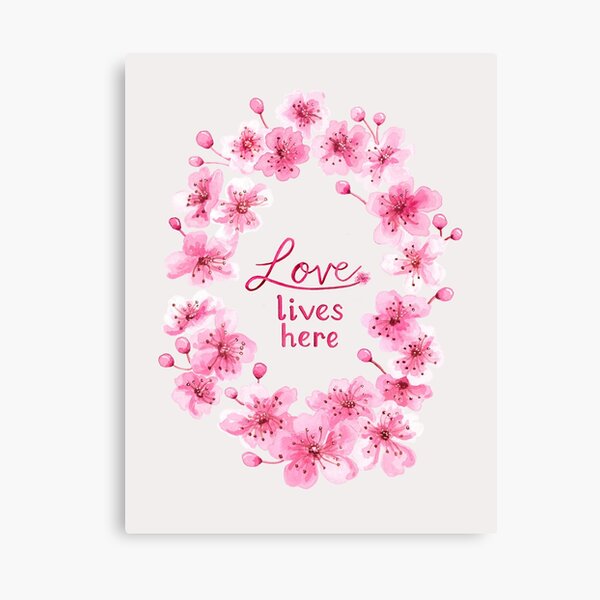 Love Lives Here Cherry Blossoms on Neutral Background Canvas Print