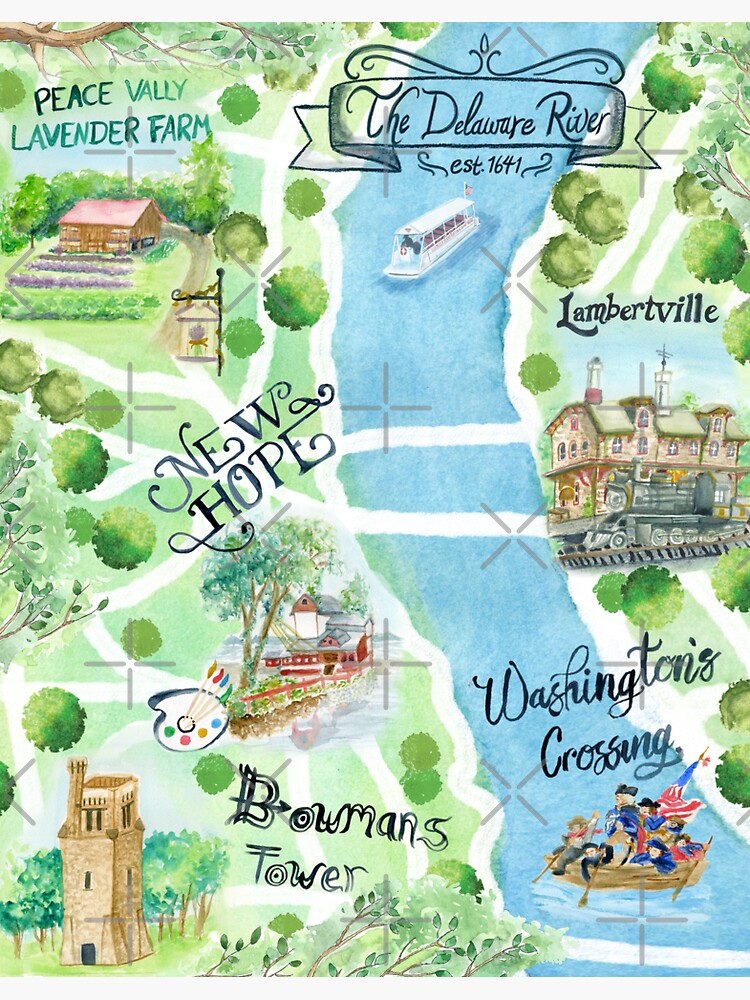 Thumbnail 3 of 3, Sticker, Bucks County Pennsylvania Watercolor Illustrated Map designed and sold by tinaschofield.