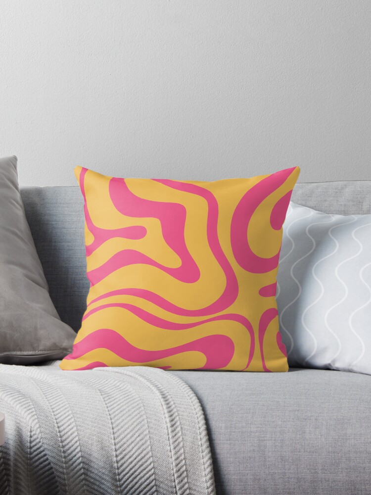 Retro Modern Liquid Swirl Abstract Pattern Square in Vibrant Pink and Mustard Yellow Throw Pillow