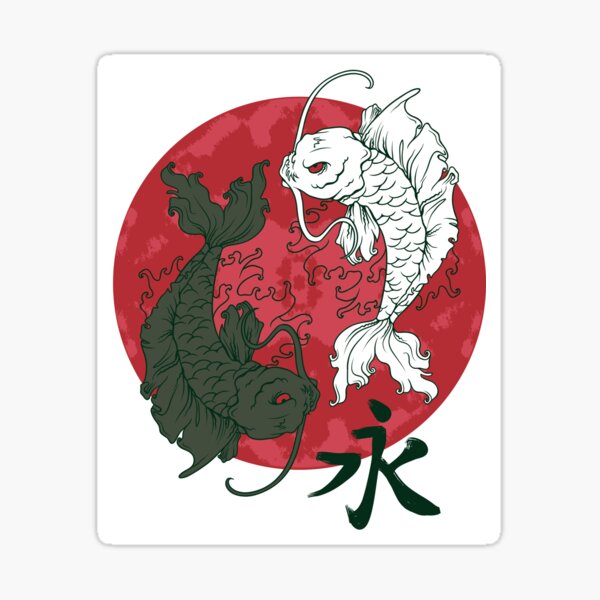 Vista previa del artículo con la obra «Pez Koi Yin Yang Duality - Pez tímido blanco negro, estilo japonés rojo sol naciente», diseñado y vendido por CoitoCG.