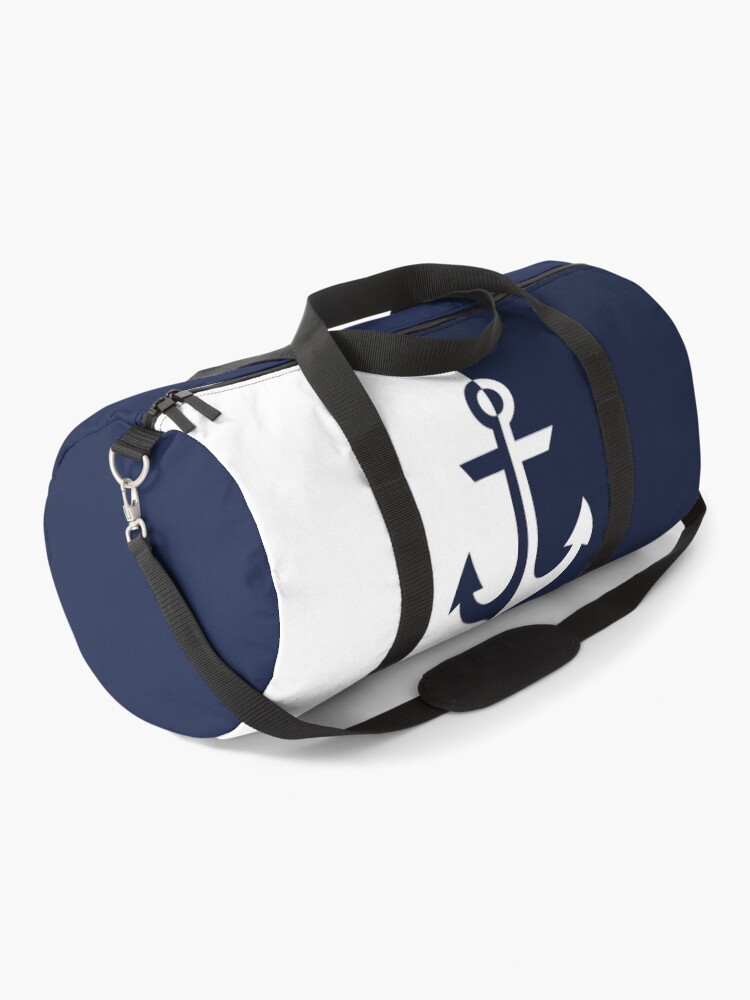 Nautical white and navy blue anchor Duffle Bag