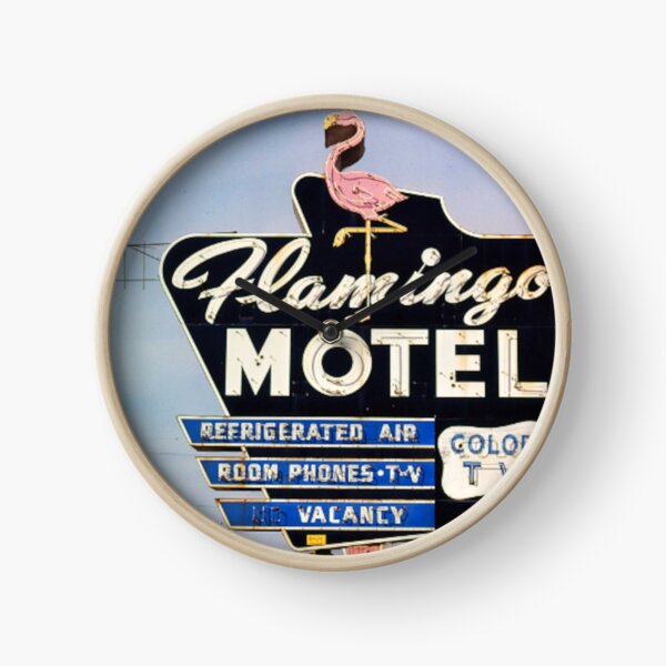 Flamingo Motel  Clock for Sale by GreatTomorrow