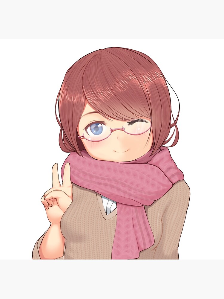 Cute anime girl peace sign, brown hair glasses Cute anime girl peace sign, brown hair glasses