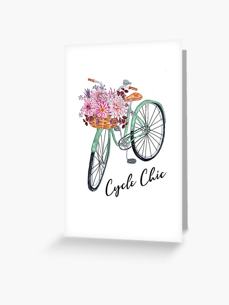 Bicicleta Vintage Turquesa Acuarela Con Cesta De Flores Rosas Cycle Chic Tarjetas de felicitaci n