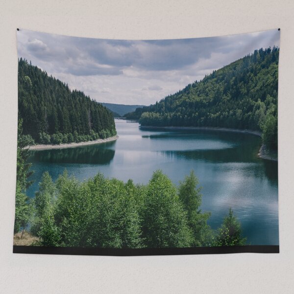 Item preview, River surrounded by forests under a cloudy sky in thuringia in germany designed and sold by JHiba.