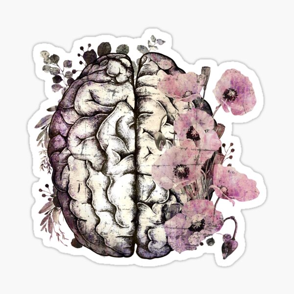 Item preview, Brain with Pink poppy, psychology, mental health, front brain, vintage watercolor designed and sold by Collagedream.