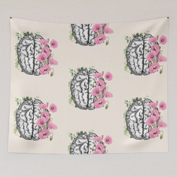 Item preview, Brain with Pink poppy, psychology, mental health, front brain, watercolor designed and sold by Collagedream.