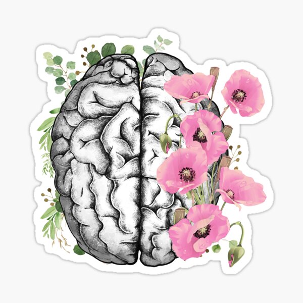 Brain with Pink poppy, psychology, mental health, front brain, watercolor Sticker